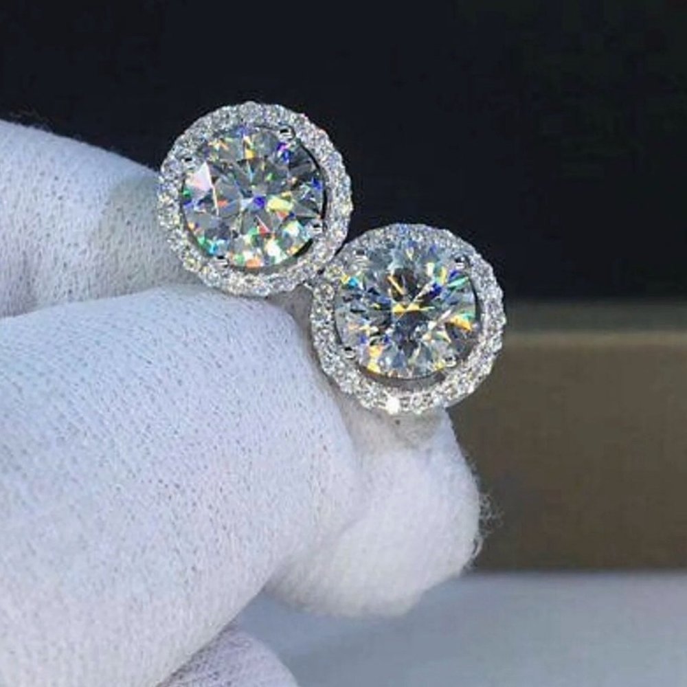 NEW Brilliant Cut 18K Diamond Halo Stud Earrings - Picture 1 of 10